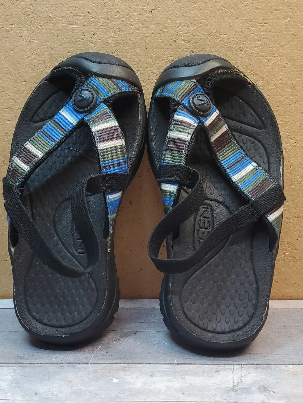Keen Black Waimea Sandals with Blue, Green & Brown Striped Straps Size 9/16 cm